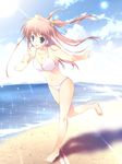  beach bikini blue_eyes character_request cleavage long_hair ocean pink_swimsuit red_hair redhead running sand sparkle summer swimsuit 