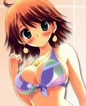  awakened_miki bikini bikini_top blush breasts brown_hair cleavage earrings from_below front-tie_top green_eyes hoshii_miki idolmaster idolmaster_(classic) jewelry large_breasts looking_down necklace non-web_source short_hair smile solo swimsuit 