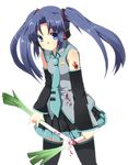  asakura_ryouko blood blue_eyes blue_hair cosplay detached_sleeves hatsune_miku hatsune_miku_(cosplay) headset inui_nagi long_hair necktie parody skirt solo spring_onion suzumiya_haruhi_no_yuuutsu thighhighs twintails vocaloid zettai_ryouiki 