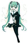  apupu bare_shoulders black_legwear detached_sleeves green_eyes green_hair hatsune_miku long_hair simple_background sitting smile solo thighhighs twintails very_long_hair vocaloid 