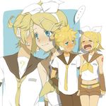  1boy 1girl bad_id bad_pixiv_id blonde_hair blush brother_and_sister crying crying_with_eyes_open hair_ornament hair_ribbon hairclip headphones headset hitujiya kagamine_len kagamine_rin kiss lowres microphone necktie open_mouth ribbon short_hair shorts siblings speech_bubble spoken_ellipsis sweat tears twins vocaloid wavy_mouth yellow_neckwear 