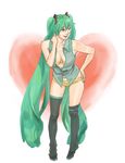  bad_id bad_pixiv_id breasts cleavage green_hair hatsune_miku long_hair medium_breasts open_clothes open_shirt panties pooo shirt smile solo thighhighs twintails underwear very_long_hair vocaloid 