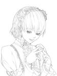  akinbo_(hyouka_fuyou) bow copyright_request flower gothic_lolita greyscale hair_ornament headband lolita_fashion monochrome ribbon short_hair solo 