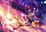  black_hair black_wings capura_lin cloud fan flying geta hat hauchiwa looking_at_viewer red_eyes shameimaru_aya short_hair skirt sky solo tengu-geta tokin_hat touhou twilight wings 