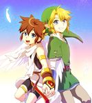  2boys armlet blonde_hair blue_eyes bracer brown_hair earrings gloves grin hat jewelry kid_icarus link multiple_boys pit_(kid_icarus) pointy_ears smile super_smash_bros. the_legend_of_zelda wings 