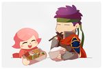  1girl bad_id bad_pixiv_id blue_hair bowsow cape chopsticks doubutsu_no_mori fire_emblem fire_emblem:_akatsuki_no_megami food gloves headband ike lunchbox pink_hair smile super_smash_bros. villager_(doubutsu_no_mori) 