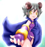  bad_id bad_pixiv_id black_hair cape grey_hair hands horns legs leotard mikan_susano_o orange_eyes original sample shiny shiny_skin short_hair smile solo sunlight yellow_eyes 