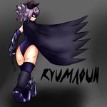  ass batman_(cosplay) black_hair cape grey_hair horns legs leotard mask md5_mismatch mikan_susano_o original parody short_hair solo 