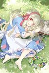  apron bandages barefoot blonde_hair blush book digital_media_player dress frills grass hairband kagerou_project kozakura_marry long_hair looking_at_viewer lying on_side outdoors red_eyes smile solo tears yeni 