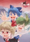  ascot bad_id bad_pixiv_id blonde_hair blue_eyes blue_hair blush bow brown_hair cirno closed_eyes commentary daiyousei detached_sleeves forced_smile gohei green_hair hair_bow hair_ribbon hair_tubes hakurei_reimu highres multiple_girls open_mouth outstretched_arms red_eyes ribbon rumia short_hair side_ponytail skirt the_embodiment_of_scarlet_devil touhou usfdive wings you_gonna_get_raped 