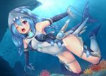  ;o air_bubble bare_shoulders blue_hair bridal_gauntlets bubble diving fish fish_tail full_body light_rays long_hair looking_at_viewer mecha_musume one-piece_swimsuit one_eye_closed open_mouth original pink_eyes sasaame shark_girl solo sunbeam sunlight swimsuit tail thighs underwater v-shaped_eyebrows water white_swimsuit wince 