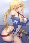  1girl blonde_hair blue_eyes bradamante_(fate/grand_order) bradamante_(fate/grand_order)_(cosplay) braid breasts cleavage closed_mouth cosplay covered_navel cowboy_shot dura fate/grand_order fate_(series) gloves highres jeanne_d&#039;arc_(fate) jeanne_d&#039;arc_(fate)_(all) large_breasts leotard long_hair looking_at_viewer raised_eyebrows solo standing thighlet thighs white_gloves 