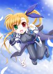  blonde_hair bodysuit breasts feathers flipper gloves green_eyes jacket long_hair long_sleeves lyrical_nanoha mahou_shoujo_lyrical_nanoha_vivid medium_breasts older ponytail puffy_sleeves red_eyes sacred_heart shiny shiny_clothes stuffed_animal stuffed_bunny stuffed_toy vivio 