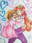  1girl blue_eyes bracelet brown_hair carrying crown dress earrings elbow_gloves eyebrows facial_hair gem gloves heart jewelry long_hair mario_(series) mustache omu_(sinsindan) overalls princess princess_carry red_hair shokora-hime smile thick_eyebrows wario wario_land white_gloves 