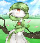  androgynous branch gardevoir green_hair leaf lotosu nintendo no_humans open_mouth petal petals pokemon red_eyes sitting smile solo tree 