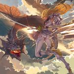  ass blonde_hair cloud cloudy_sky dragon dragon_tail earrings geister green_eyes jewelry katana long_hair midair original sky sunlight sword tail weapon 