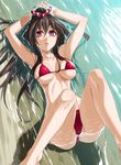  bikini black_hair highres ifuji_shinsen itou_ittousai_(sengoku_collection) long_hair lying partially_submerged pink_eyes ponytail sengoku_collection swimsuit water 