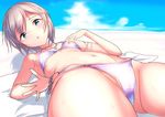  1girl anastasia_(idolmaster) bare_shoulders beach bikini blue_eyes choker crotch foreshortening hand_on_own_chest idolmaster idolmaster_cinderella_girls jewelry looking_at_viewer lying navel necklace on_back open_mouth pendant q_(ed69) side-tie_bikini silver_hair small_breasts solo sweat swimsuit 