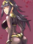  ass bad_id bad_pixiv_id black_hair bodysuit breasts dated fire_emblem fire_emblem:_kakusei from_behind kona_(silent913) large_breasts long_hair purple_eyes skin_tight smile solo tharja tiara two_side_up 