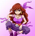  ankle_boots bandana bare_shoulders boots breasts capri_pants captain_syrup cleavage earrings eyeshadow jewelry large_breasts lips lipstick long_hair magatama makeup mario_(series) necklace pants pendant red_eyes red_hair runner_(rannaa) sash sitting skull solo wario_land 