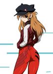  animal_ears animal_hat ass badge bangs blue_eyes bodysuit breasts brown_hair button_badge cabbie_hat cat_hat closed_mouth cowboy_shot dimples_of_venus evangelion:_3.0_you_can_(not)_redo expressionless eyepatch fake_animal_ears from_behind frown hair_over_one_eye hands_in_pockets hat hat_ornament jacket joy_ride legs_apart long_hair long_sleeves looking_at_viewer looking_back neon_genesis_evangelion pilot_suit plugsuit pocket rebuild_of_evangelion shikinami_asuka_langley shiny shiny_clothes shiny_hair signature simple_background single_vertical_stripe skin_tight skull_print small_breasts solo souryuu_asuka_langley tape track_jacket turtleneck two_side_up white_background 