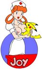  animated animated_gif areolae artist_request blue_eyes breast_feeding breasts dress hat joy_(pokemon) monster nipples nurse nurse_cap open_clothes open_mouth open_shirt orange_hair pikachu pokemon shirt wink 