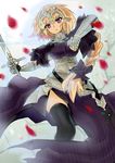  armor armored_dress blonde_hair braid dress fate/apocrypha fate_(series) gauntlets headpiece jeanne_d'arc_(fate) jeanne_d'arc_(fate)_(all) long_hair ninzin-no-heta purple_eyes side_slit single_braid solo sword thighhighs weapon 