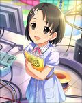  artist_request black_hair book brown_eyes bunny_hair_ornament cable hair_ornament idolmaster idolmaster_cinderella_girls official_art open_mouth sasaki_chie short_hair smile solo stage toolbox 