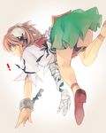  1girl amputee asuna_(i_luv) bandaged_arm bandages bun_cover cuffs double_bun from_behind green_skirt ibaraki_kasen leaning_forward looking_at_viewer looking_back miniskirt open_mouth pink_eyes pink_hair shackles shirt shoes short_hair skirt solo tabard touhou white_shirt 