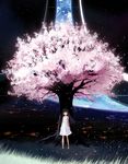  bail bangs bare_shoulders black_eyes black_hair blunt_bangs cherry_blossoms commentary_request dress korean_commentary long_hair original petals ringworld sandals scenery science_fiction see-through_silhouette smile solo space sundress tree white_dress 
