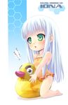  aoki_hagane_no_arpeggio bird chibi duck green_eyes highres iona mao_(6r) open_mouth rubber_duck sitting sitting_on_object solo swimsuit translation_request white_hair 