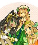  animal_ears bastet_(p&amp;d) black_hair blonde_hair blue_eyes cat_ears dress freyja_(p&amp;d) green_dress green_eyes head_wings heart hisui_(kimochi) holy_ceres_(p&amp;d) looking_at_viewer multiple_girls navel one_eye_closed open_mouth puzzle_&amp;_dragons skirt smile tiara white_dress yellow_eyes 