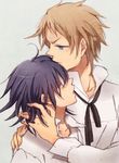  blush brown_hair elliot_nightray forehead_kiss glasses grey_background grey_hair kiss kouda_(sati0137) leo_(pandora_hearts) long_hair lowres male_focus multiple_boys pandora_hearts yaoi 