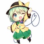  arm_up bad_id bad_pixiv_id blue_eyes bow chibi green_hair hat hat_bow heart heart_of_string komeiji_koishi long_sleeves looking_at_viewer one_eye_closed open_mouth shirt skirt smile solo third_eye topia touhou wide_sleeves 