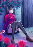  black_hair black_legwear blurry depth_of_field egnis fate/stay_night fate_(series) flower hair_ribbon highres long_hair long_legs red_eyes red_flower red_rose ribbon rose solo thighhighs toosaka_rin two_side_up 