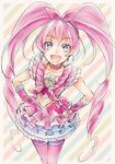  :d blue_eyes blush bow choker cure_melody curly_hair earrings frills hair_bow hairband hands_on_hips houjou_hibiki jewelry kurochiroko long_hair magical_girl midriff open_mouth pink_bow pink_choker pink_hair precure ribbon smile solo suite_precure thighhighs twintails 