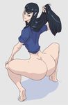  ass barefoot black_hair blue_eyes bottomless grey_background highres huge_ass kill_la_kill kiryuuin_satsuki long_hair looking_back looking_down shadow simple_background slb smile solo squatting very_long_hair 