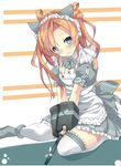  abukuma_(kantai_collection) alternate_costume animal_ears blonde_hair blue_eyes bonkiru bow cat_ears double_bun highres kantai_collection kemonomimi_mode long_hair looking_at_viewer maid maid_headdress sitting solo thighhighs turret twintails zettai_ryouiki 