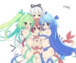  :d black_eyes blue_eyes blue_hair blush breasts girl_sandwich green_eyes green_hair hug kawahara_megumi long_hair looking_at_viewer medium_breasts multiple_girls naked_ribbon navel open_mouth original purple_eyes red_hair ribbon sandwiched smile white_hair 