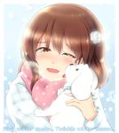  ;d animal blush brown_eyes brown_hair coat collar crying dog dog_collar english flower hagiwara_yukiho hair_flower hair_ornament happy holding idolmaster idolmaster_(classic) ima_(lm_ew) licking one_eye_closed open_mouth plaid puppy scarf short_hair smile snowflakes snowing tears winter winter_clothes winter_coat 