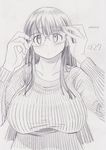  blush breasts dated fat glasses huge_breasts kobayakawa_horan long_hair monochrome nekokami original plump sketch solo sweater 