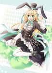  ada_vessalius animal_ears argyle argyle_background blonde_hair breasts clock fake_animal_ears green_eyes hair_ornament hair_ribbon hat long_hair medium_breasts pandora_hearts piyo_(hitujirou-tuusin) ribbon skirt smile solo top_hat white_legwear 