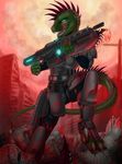  anthro armor blood blood_splatter blue_eyes brush_(artist) building city claws death gears_of_war gore lancer lizard looking_at_viewer mutant red_spikes reptile scalie solo teeth weapon 