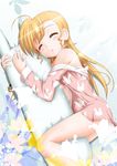  ahoge animal_print blonde_hair blush body_pillow bunny_print closed_eyes flipper flower hug long_hair lyrical_nanoha mahou_shoujo_lyrical_nanoha_vivid off_shoulder open_clothes pajamas parted_lips pillow sleeping solo sunlight vivio 