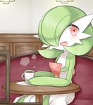  blush coffee cup gardevoir green_hair hair_over_one_eye lotosu nintendo no_humans open_mouth pokemon red_eyes sitting smile solo steam 