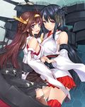  ahoge black_hair breasts brown_hair brown_legwear detached_sleeves fusou_(kantai_collection) hair_bun hair_ornament hairband holding_hands interlocked_fingers kantai_collection kongou_(kantai_collection) large_breasts long_hair looking_at_viewer machinery multiple_girls nontraditional_miko open_mouth pleated_skirt red_legwear skirt smile sumeragi_hamao thighhighs turret very_long_hair zettai_ryouiki 