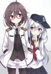  anchor_symbol berukko black_legwear blue_eyes blush brown_eyes brown_hair eating female_admiral_(kantai_collection) food food_on_face glasses hair_ornament hairclip hands_in_pockets hat hibiki_(kantai_collection) ice_cream ice_cream_cone ice_cream_on_face jacket jpeg_artifacts kantai_collection long_hair long_sleeves military military_uniform multiple_girls neckerchief necktie open_clothes open_jacket pantyhose pleated_skirt red-framed_eyewear sailor_collar school_uniform semi-rimless_eyewear serafuku short_hair shorts skirt soft_serve under-rim_eyewear uniform vest white_hair 