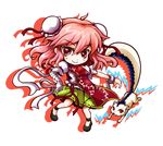  bandages bun_cover chain chibi chinese_clothes cuffs double_bun flower ibaraki_kasen kiki_fushigi looking_at_viewer pink_eyes pink_hair raijuu rose short_hair simple_background skirt smile solo tabard touhou white_background 