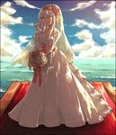  bouquet crying crying_with_eyes_open day dress flower hairband holding horizon kantai_collection kurosuke_(hipparu) long_hair looking_at_viewer ocean outdoors pier red_carpet shoukaku_(kantai_collection) smile solo standing tears water wedding_dress white_dress 