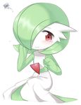  androgynous blush embarrassed gardevoir green_hair hair_over_one_eye lotosu nintendo no_humans pokemon red_eyes short_hair simple_background solo tears white_background 